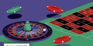 Are Casino Table Games Making a Comeback? Illustration of a roulette table with a spinning wheel, green and red poker chips, and the CasinoBeats logo. The scene conveys excitement and chance