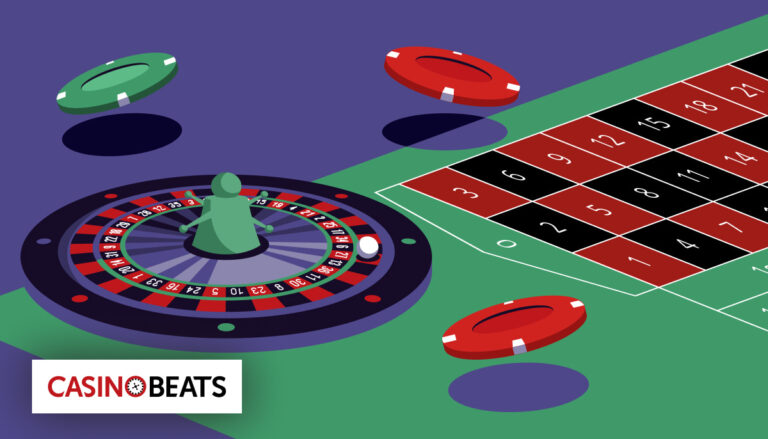 Illustration of a roulette table with a spinning wheel, green and red poker chips, and the CasinoBeats logo. The scene conveys excitement and chance