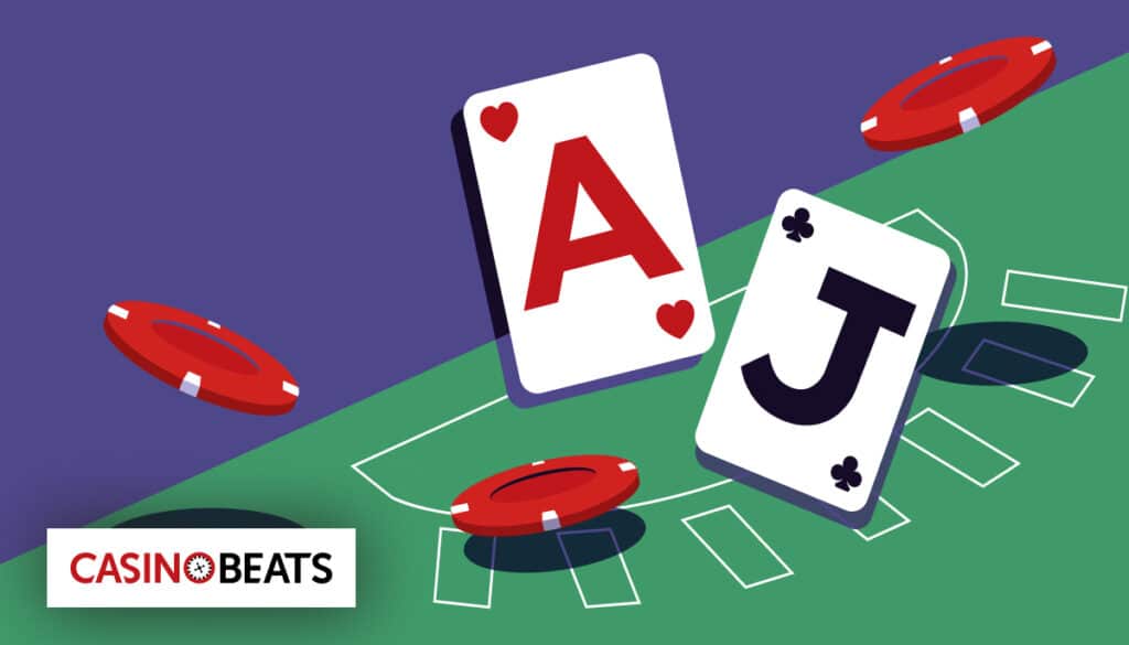 Illustration of blackjack cards and casino chips on a gaming table