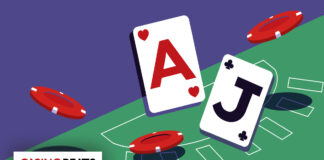 Illustration of blackjack cards and casino chips on a gaming table