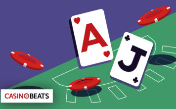 Illustration of blackjack cards and casino chips on a gaming table