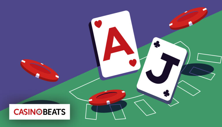 Illustration of blackjack cards and casino chips on a gaming table