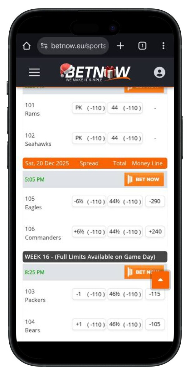 BetNow Sportsbook NFL Betting Lines