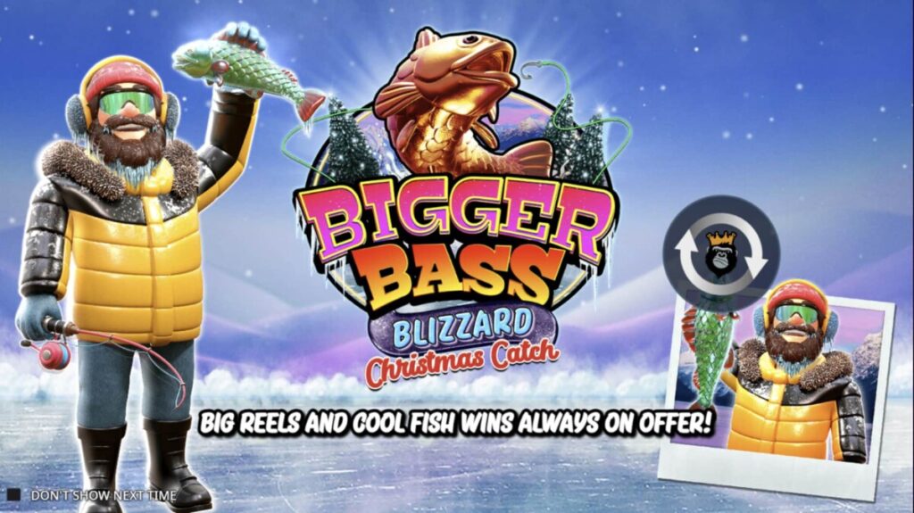 The Bigger Bass Blizzard Christmas Catch slot game shows a festive fisherman holding fish on an icy winter backdrop