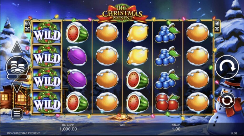 Snowy fruit symbols and stacked wilds fill the reels in the Big Christmas Present slot game