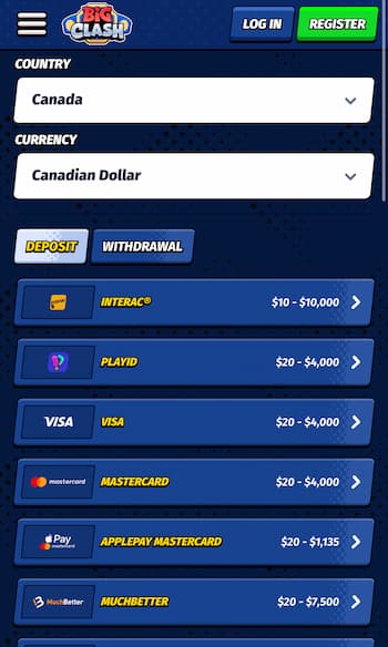 Big Clash casino payment methods