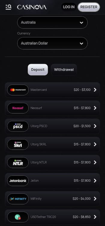 Casinova Casino Payment Methods