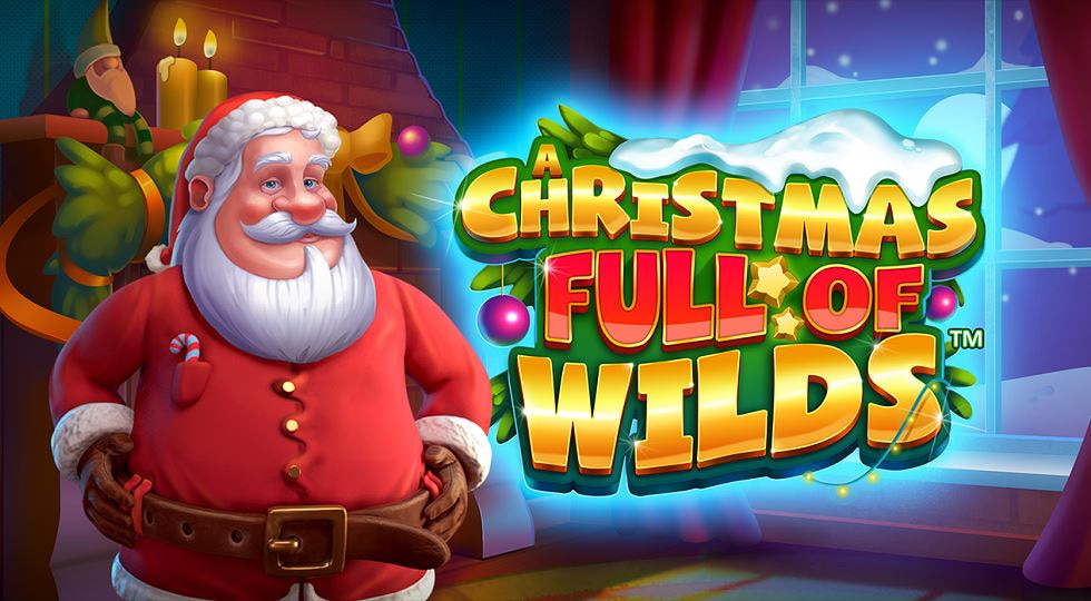 Santa stands beside the logo screen of the Christmas Full of Wilds slot game in a festive holiday setting