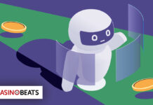 A minimalist robot with blue screen panels interacts with coins on a purple and green surface. The Casino Beats logo is in the corner, creating a playful tone