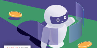 Interactive Onboarding for Casino Players A minimalist robot with blue screen panels interacts with coins on a purple and green surface. The Casino Beats logo is in the corner, creating a playful tone