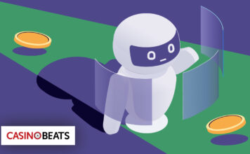 Interactive Onboarding for Casino Players A minimalist robot with blue screen panels interacts with coins on a purple and green surface. The Casino Beats logo is in the corner, creating a playful tone