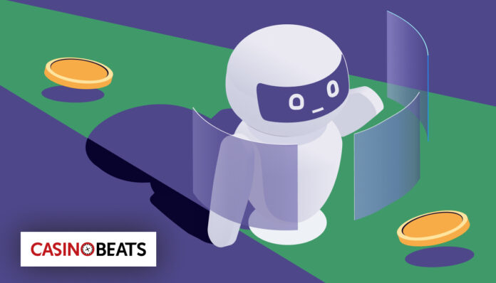 Dynamic Onboarding Process for Casino Players A minimalist robot with blue screen panels interacts with coins on a purple and green surface. The Casino Beats logo is in the corner, creating a playful tone