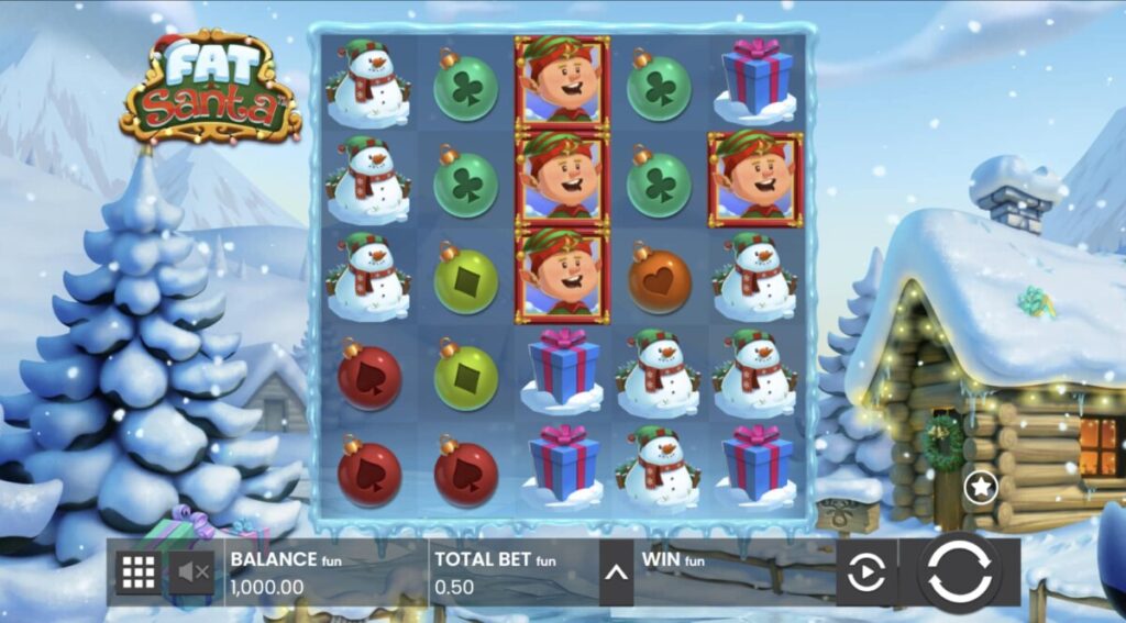 Snowmen, ornaments, and elf symbols appear on the reels in the Fat Santa slot game