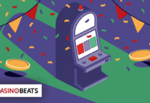 A colorful slot machine on a festive backdrop with confetti, banners, and coins. The tone is playful and celebratory, featuring the Casinobeats logo