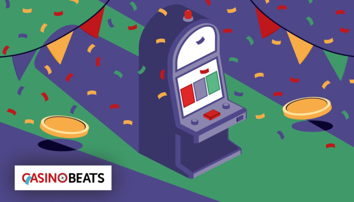 A colorful slot machine on a festive backdrop with confetti, banners, and coins. The tone is playful and celebratory, featuring the Casinobeats logo