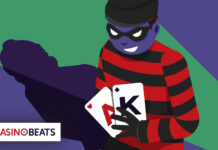 An illustrated card cheat holding playing cards in an online casino scene