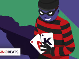 Is Online Blackjack Rigged? An illustrated card cheat holding playing cards in an online casino scene