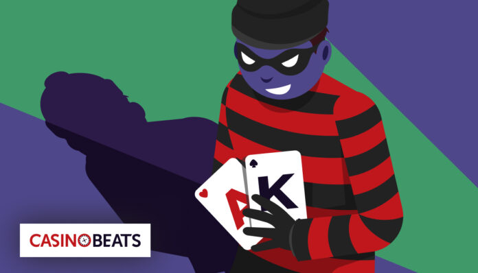 An illustrated card cheat holding playing cards in an online casino scene