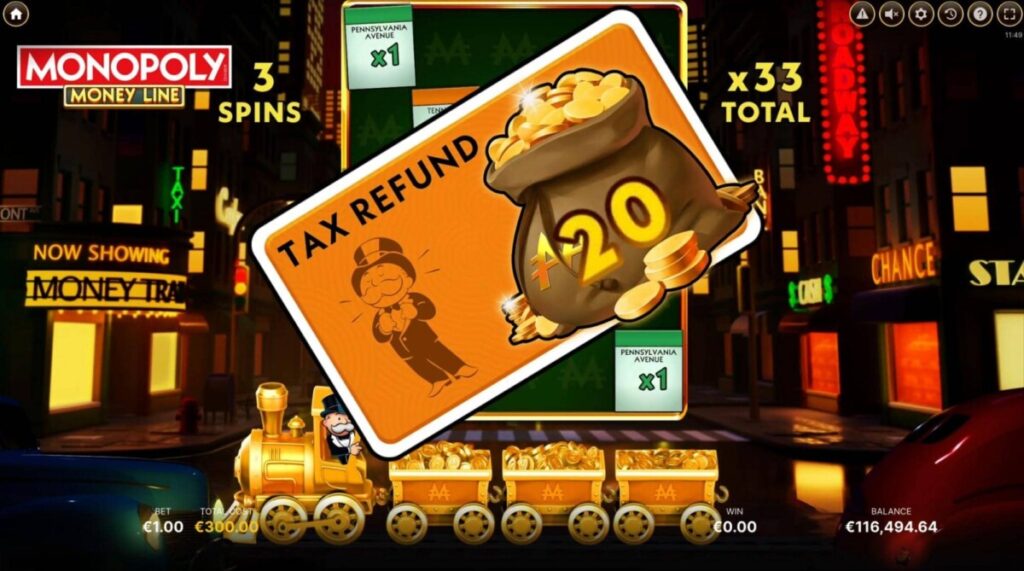 Monopoly Money Line game screenshot shows tax refund +20