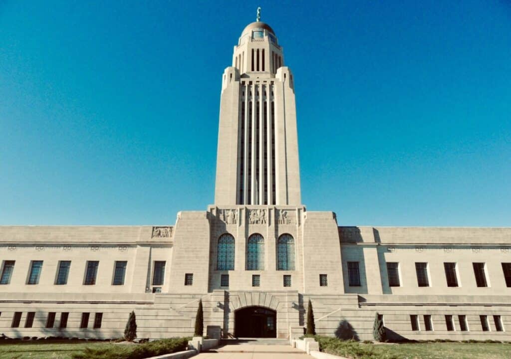 An exterior photo of the Nebraska State Capital in Lincoln