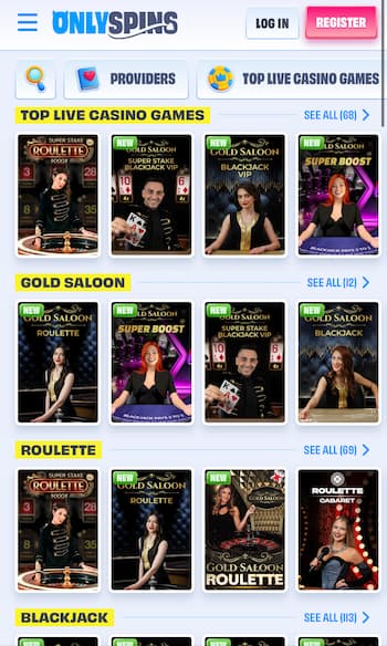 OnlySpins casino live dealer games