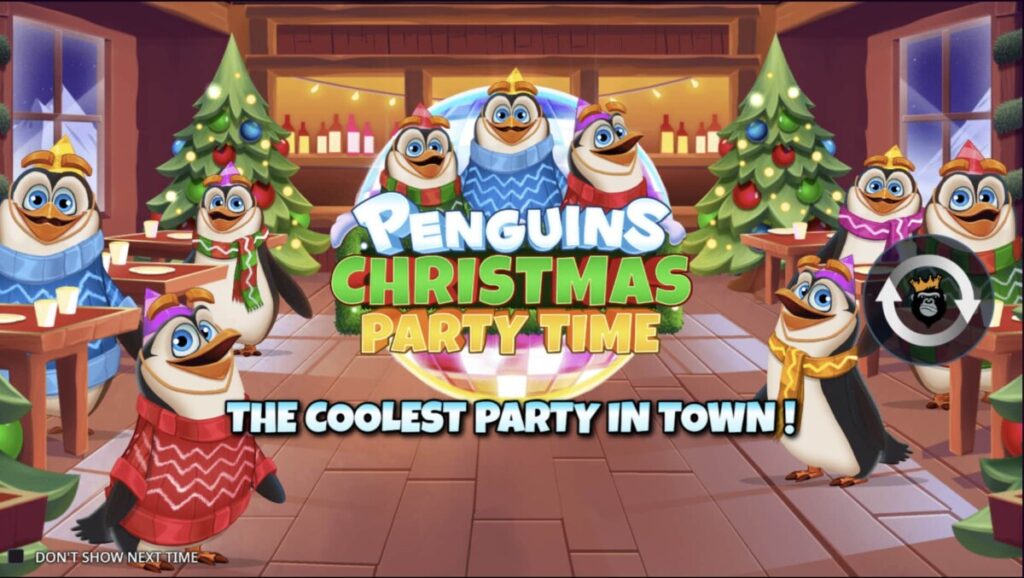 Festive penguins gather for a holiday celebration in the Penguins Christmas Party Time slot game