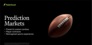 Robinhood Adds NFL Parlays & Prop Bets to Its Prediction Markets Screenshot from Robinhood’s YES/NO event showing a slide labeled “Prediction Markets” with a football graphic and references to player contracts and preset combos.