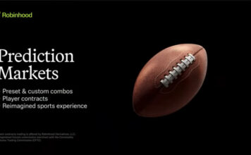 Robinhood Adds NFL Parlays & Prop Bets to Its Prediction Markets Screenshot from Robinhood’s YES/NO event showing a slide labeled “Prediction Markets” with a football graphic and references to player contracts and preset combos.