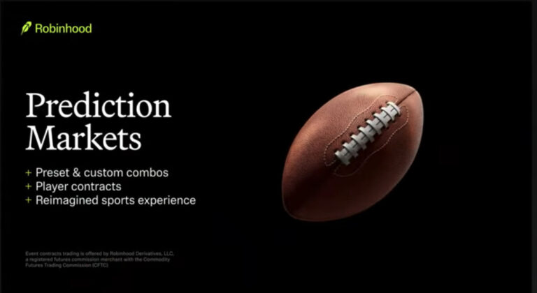 Screenshot from Robinhood’s YES/NO event showing a slide labeled “Prediction Markets” with a football graphic and references to player contracts and preset combos.