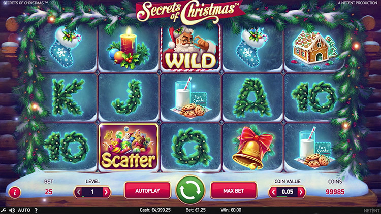 Festive reels with wild and scatter symbols spin in the Secrets of Christmas slot game