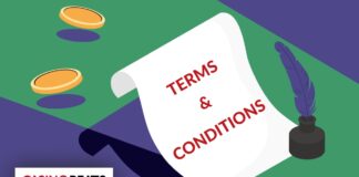 Should You Read the Casino Terms & Conditions? Illustration showing casino terms and conditions document with coins and quill pen, highlighting the importance of reading online casino T&Cs before claiming bonuses, wagering funds, or requesting withdrawals.