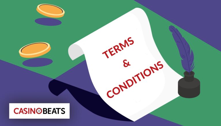 Illustration showing casino terms and conditions document with coins and quill pen, highlighting the importance of reading online casino T&Cs before claiming bonuses, wagering funds, or requesting withdrawals.