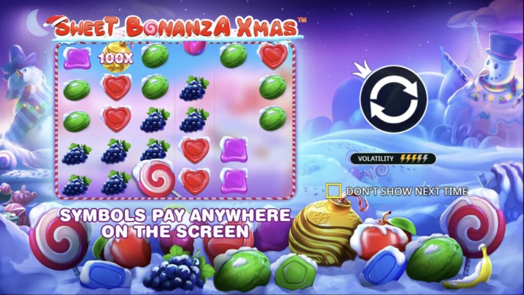 Colorful candy symbols and multipliers appear on the reels in the Sweet Bonanza Xmas slot game