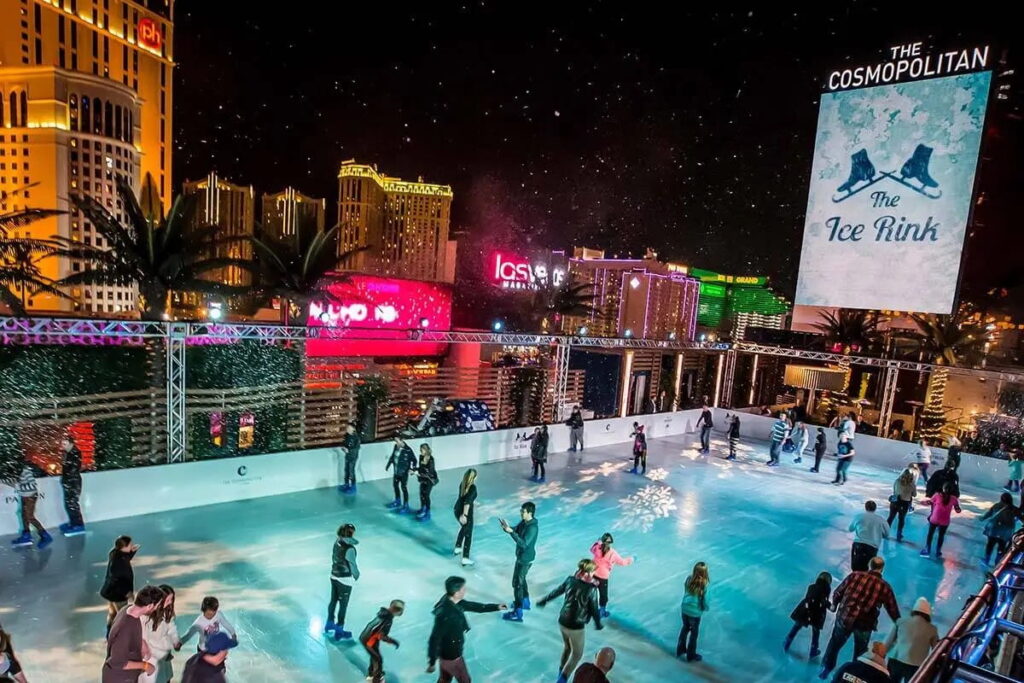 People skating at The Cosmopolitan’s outdoor Christmas ice rink in Las Vegas