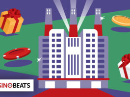 Top 10 Las Vegas Christmas Staycations Illustration of a casino surrounded by gifts and gaming icons