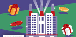 Top 10 Las Vegas Christmas Staycations Illustration of a casino surrounded by gifts and gaming icons