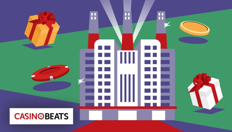 Illustration of a casino surrounded by gifts and gaming icons