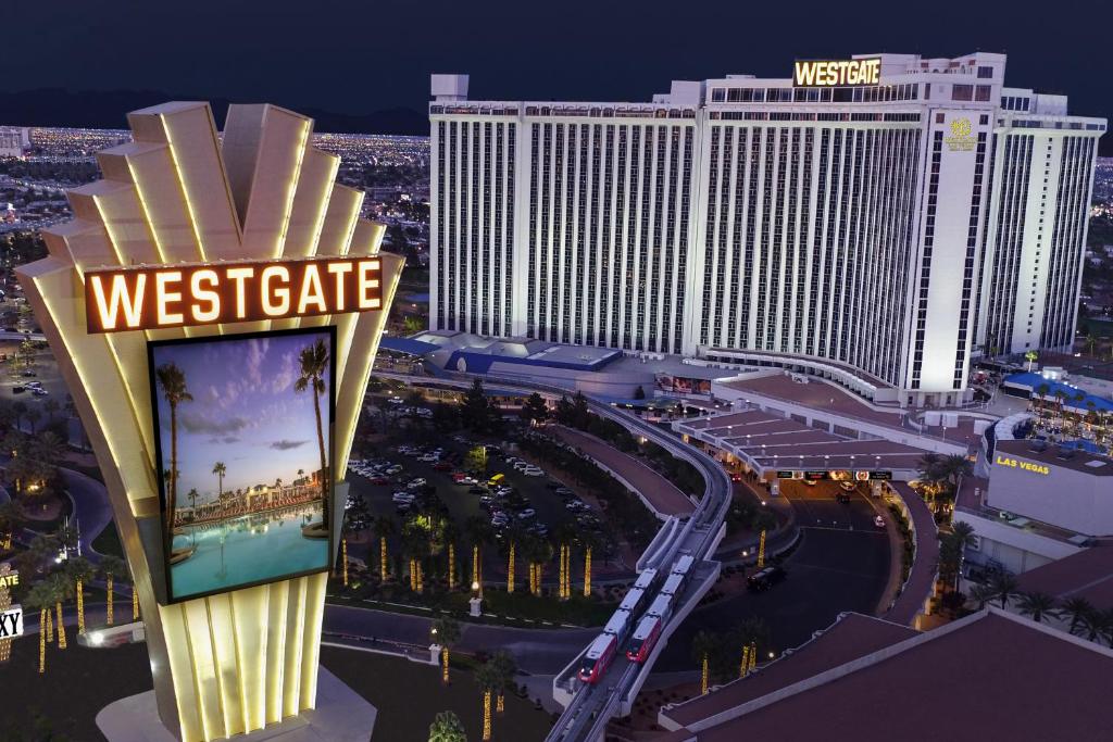 Night view of Westgate Resort & Casino with illuminated marquee sign