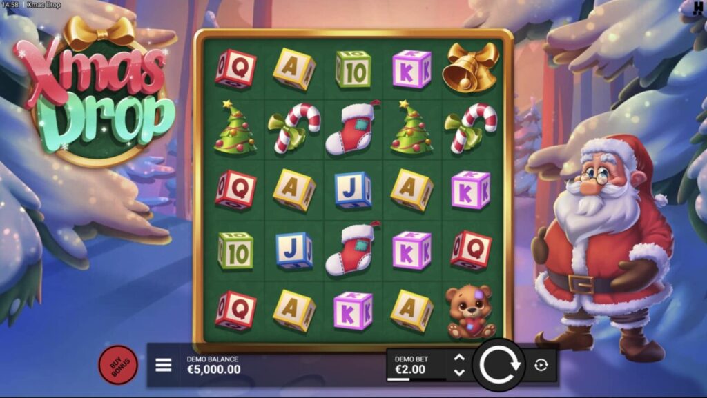 Festive symbols fall across the grid in the Xmas Drop slot game as Santa watches from the snowy forest