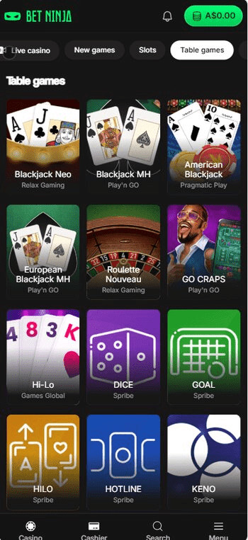 Betninja table games