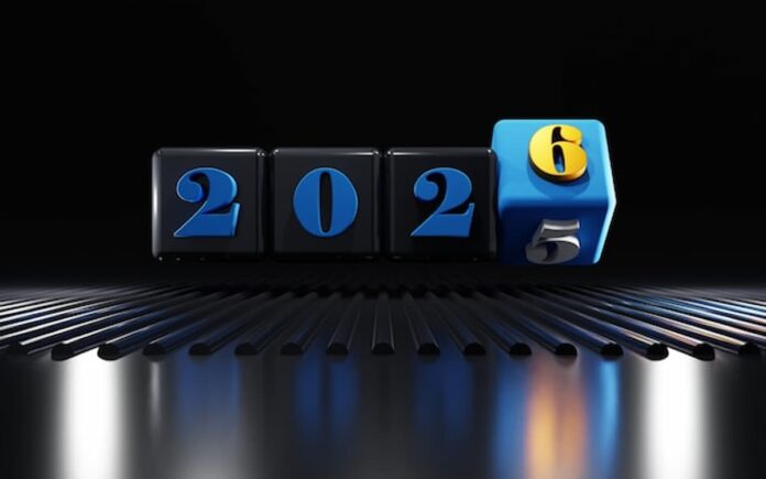 A digital display showing the year 2025 transitioning forward