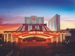Circus Circus Bets on Nostalgia With New Bingo Hall & Expanded Coin-Operated Slots Exterior view of Circus Circus Las Vegas at dusk, showing the illuminated marquee and hotel towers