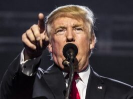 Trump Sidesteps Question on Eliminating Federal Tax on Gambling Winnings Donald Trump speaking at a rally, pointing forward while addressing the audience from behind a microphone.