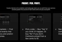 A Fanatics Markets interface screenshot showing the platform’s step-by-step flow: explore markets, buy Yes/No contracts, and track results.