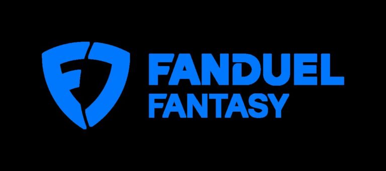 FanDuel Fantasy logo in bright blue on a black background, featuring the stylized F shield icon.