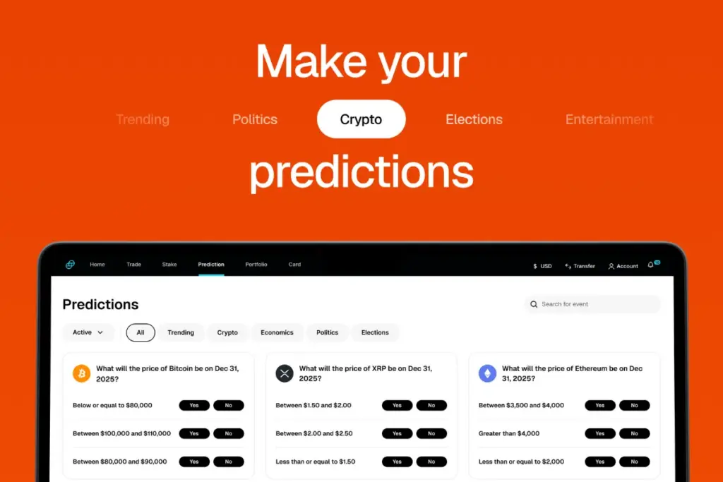 Screenshot of Gemini’s prediction markets platform showing crypto-based event contracts, including Bitcoin, Ethereum, and XRP price outcome markets.