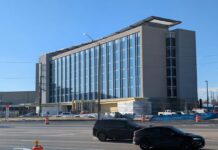 Exterior view of the new Hollywood Casino Aurora land-based casino under construction near Interstate 88 in Illinois