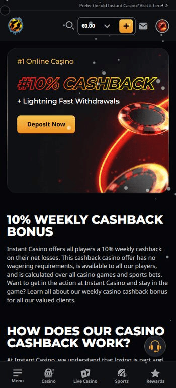 Instant Casino cashback offer