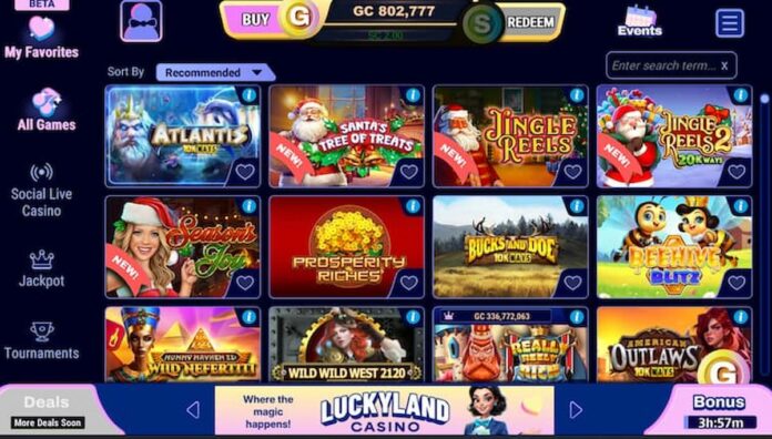 VGW Quietly Launches New LuckyLand Casino Platform With Familiar Look LuckyLand Casino lobby showing slot games, holiday titles, and menu icons.