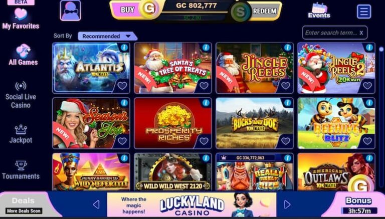 LuckyLand Casino lobby showing slot games, holiday titles, and menu icons.